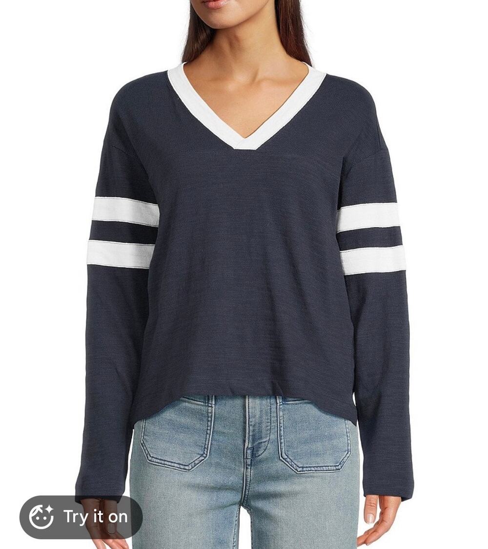 Faherty Women's Navy Ringer Long Sleeve V-Neck Size Medium